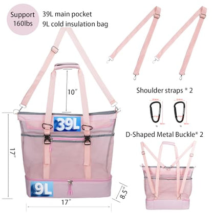 Mesh Beach Bag with Cooler Large Travel Family Vacation Essentials Pool Swimming Zipper Pocket Durable 9 Pockets - color: Pink