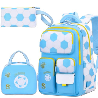 3PCS Kids Backpack Set, School Backpack with Lunch Bag & Pencil Case, Lightweight Waterproof Bookbag for Kids (Blue soccer) - color: Blue Soccer