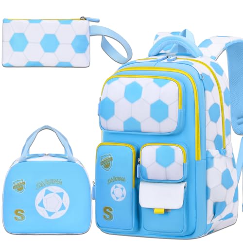 3PCS Kids Backpack Set, School Backpack with Lunch Bag & Pencil Case, Lightweight Waterproof Bookbag for Kids (Blue soccer) - color: Blue Soccer