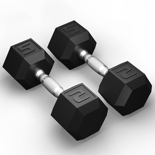 GRETERST Dumbbells Set Rubber Coated Hex Hand Weights Exercise & Fitness for Home Gym Workouts Strength Training Equipment, Black, 5LB