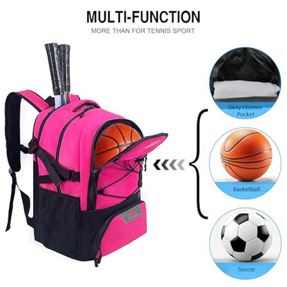 WOLT Tennis Bag - Large Tennis Racket Backpack for Men & Women - Ventilated Shoe Compartment - Holds 2 Rackets - color: Pink