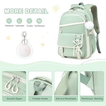 Scothen 3PCS Girls Backpack for School, Kids Backpack for Girls with Lunch Bag Pencil Case, Kids Bookbag Teen Backpacks for Elementary Middle High School - color: Green-beige