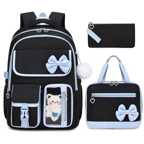 GeeWin Girls Backpack for School with Lunch Box & Pencil Case Set, 17 Inch Waterproof Cute Bow Girls Bookbag for Kids, Teens, Elementary Middle High College School Student (Black/Blue) - color: Black Blue
