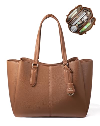 LOVEVOOK Laptop Tote Bag for Women 15.6 In Work Bags with Triple Compartments Large Faux Leather Computer Office Briefcase - color: Brown-up, size: 15.6 Inch