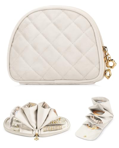 FINTIE Travel Jewelry Case, Small Velvet Jewelry Bag with Zipper, Anti-Scratch & Portable Organizer Pouch for Rings, Earrings, Necklaces, Watches and Bracelets, Gift for Women Girl (Cream Beige) - color: Cream Beige