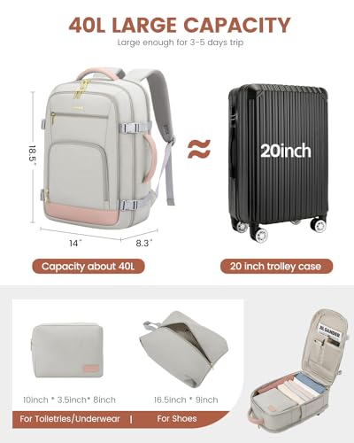 LOVEVOOK Travel Backpack For Women, 40L Carry On Backpack Flight Approved, TSA Personal Item Travel Bag Fits 17 Inch Laptop, Business Weekender Overnight Waterproof Daypack With 2 Cubes, Grey-Pink - color: Pink-grey, size: 40l-17.3 Inch-3pcs