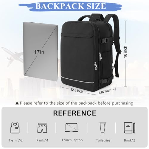 Sinaliy Personal Item Backpack, 40L Large Travel Backpack for Women Men, Waterproof Carry on Backpack for College, Business, Work - color: Black