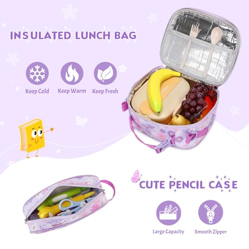 Toddler Backpack for Girls Ages 5-8, 3PCS Girls Backpack with Lunch Bag & Pencil Case - 15inch Kids School Bookbag for Preschool Kindergarten Elementary School (Butterfly) - color: Butterfly