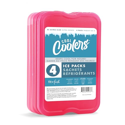 Cool Coolers by Fit & Fresh 4 Pack XL Slim Ice Packs, Quick Freeze Space Saving Reusable Ice Packs for Lunch Boxes or Coolers - color: Pink (4 Pack)