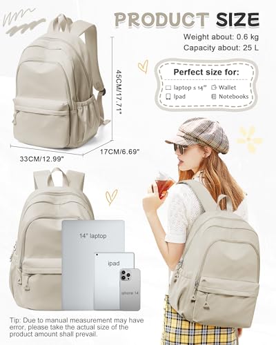 BJLFS Khaki School Backpack for Girls Women Waterproof High School Book Bag Cute Backpack for Men Teens Boys, Lightweight Simple Middle School Back Pack Daypack - color: A0-khaki