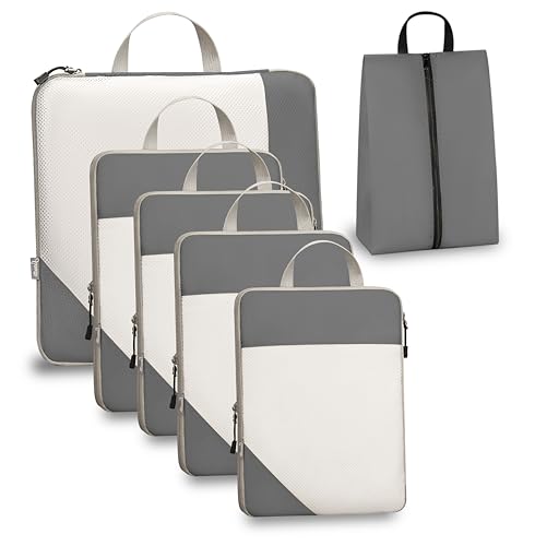 Compression Travel Packing Cubes with White Mesh, Grey, 6Pcs | Waterproof fabric and See-Through Mesh, Space-Saving Compression Organizer for Travel and Daily Clothes Storage - color: Grey, size: Set of 6