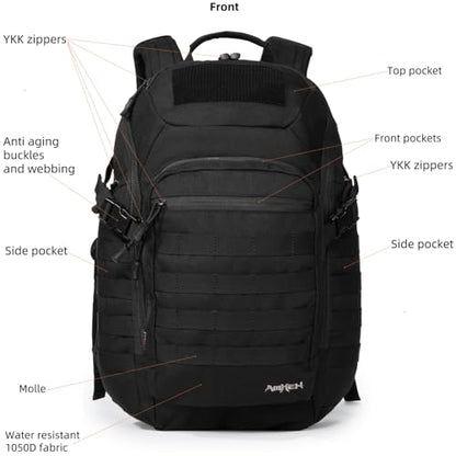 AMHEH 32L 1050D Urban Tactical Laptop Backpack, 17 Inch Computer, Black | Suspended Tech Compartment, MOLLE Daypack, Everyday Carry, Commuting, Airplane Travel Approved, Get Home Bag - color: Black
