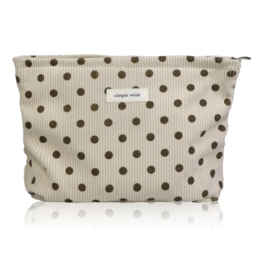 Wudygirl Makeup Bag Makeup Pouch for Women Corduroy Cosmetic Bag Portable Travel Toiletry Bag Large Capacity Make up Organizer with Zipper（Beige Polka Dot） - color: Beige Dot