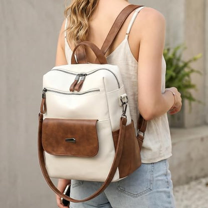 WYFJNX PU Leather Backpack Purse for Women Fashion Multipurpose Design Handbag Ladies Shoulder Bags Travel Backpack White Brown - color: White Brown