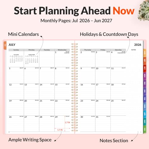 SUNEE Academic Planner 2026-2027 – Weekly & Monthly Planner, July 2026 to June 2027, 8.5"x11", Thick Paper, Tabs, Pockets, Bookmark, Spiral-Bound, Student Teacher Organizer, Pink - color: Pink