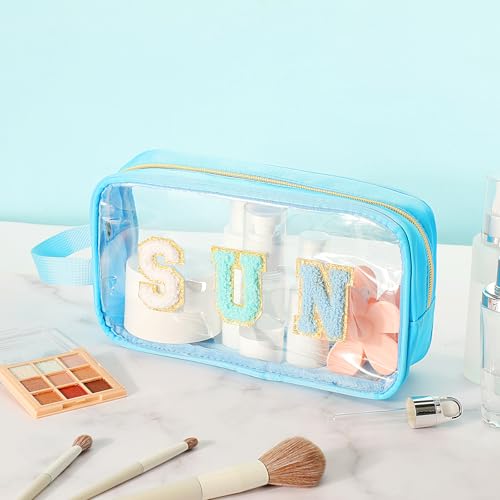 Kacctyen Letter Clear Makeup Bags Sun Pouch Blue Preppy Patch Clear Travel Bag with Zipper Chenille Nylon Cosmetics Waterproof Sandproof Bags Toiletry Storage Snack Sunscreen Pouch for Women - color: Blue, style: Sun
