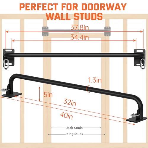 36" Heavy Duty Pull Up Bar Wall/Joist Mounted, 600 LB Capacity, Multi-Grip Bar for Garage & basement rafter Use - All-in-One Workout Station with Carabiners & Space-Saving Design - color: Black