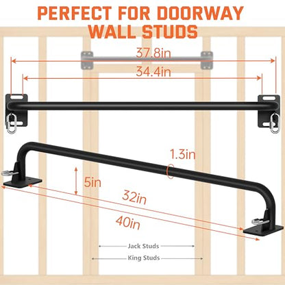36" Heavy Duty Pull Up Bar Wall/Joist Mounted, 600 LB Capacity, Multi-Grip Bar for Garage & basement rafter Use - All-in-One Workout Station with Carabiners & Space-Saving Design - color: Black