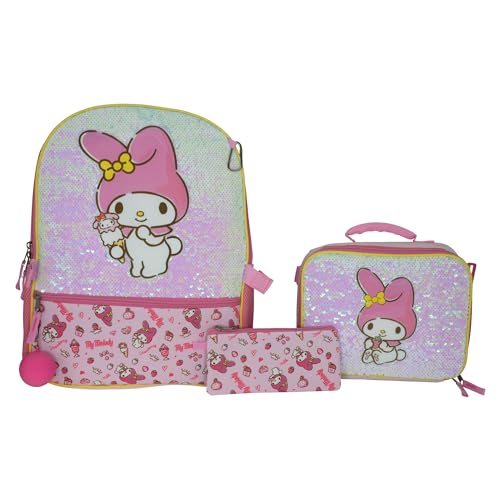 AI ACCESSORY INNOVATIONS Hello Kitty My Melody 5 Piece Backpack Set, Kawaii Flip Sequin Anime School Bag for Girls with Zip Front Pocket, Pink - color: Pink