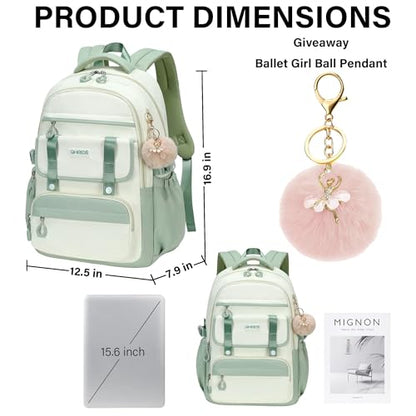School Backpack for Girls, Laptop Backpack 15.6 Inch Kids Elementary Middle High School Bag Anti Theft Cute College Bookbags for Teens Girls Women Students Casual Travel Daypack,Green Beige - color: Green