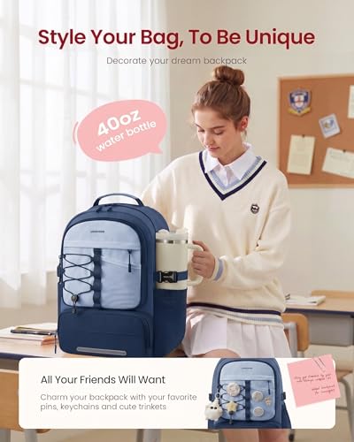 LOVEVOOK School Backpack for Teen Girls, Unique Style College Student Backpacks with Large Cup Holder, Cute Kid Bookbag with Pens Compartment, Large Capacity Back to School Backpack Fit 15.6'' Laptop - color: Navy Blue, size: Medium