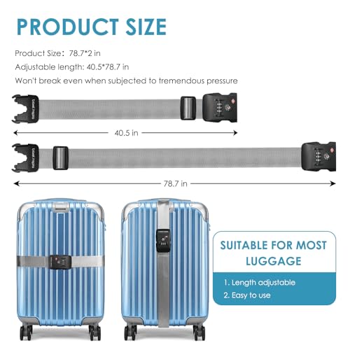 Travel Inspira Luggage Straps for Suitcases with TSA Lock, Protect Your Luggage Anti-Burst, High Visibility Color, Easy to Identify Luggage Adjustable Heavy Duty Belt for 20-32 Inch Suitcases - color: Grey