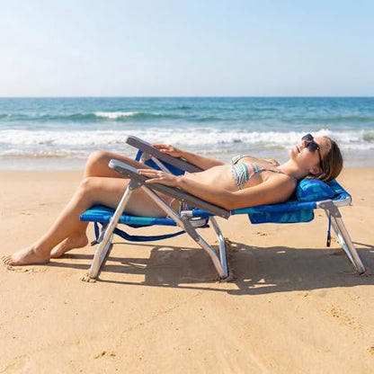 COSTWAY Portable Folding Backpack Beach Chairs Set of 2 with 5-Position Backrest, Padded Headrest, Cup Holder & Ice Bag for Lawn, Poolside (Coconut Blue) - color: Coconut Blue