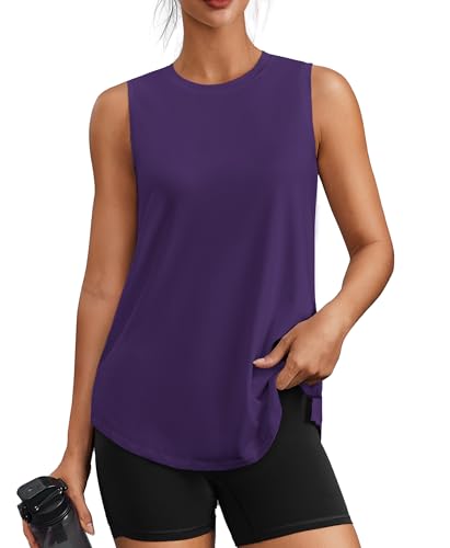 PINSPARK Workout Tops for Women Sleeveless Athletic Tank Tops UPF 50+ Running Tanks with Side Slits Loose Fit Gym Yoga Shirt - color: Dark Purple, size: XX-Large