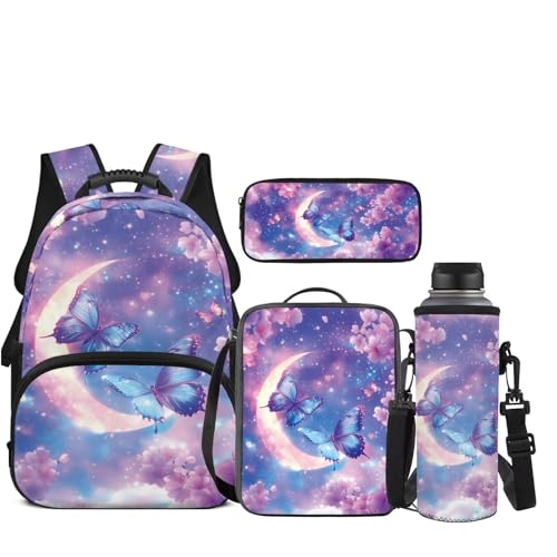 JEOCODY Kids School Bag Butterfly Backpack for Girls Boys Bookbag with Lunch Box Pencil Case Water Bottle Holder Set of 4 Daypack for Travel Picnic Hiking Back to School Accessories - color: Butterfly With Moon Printed