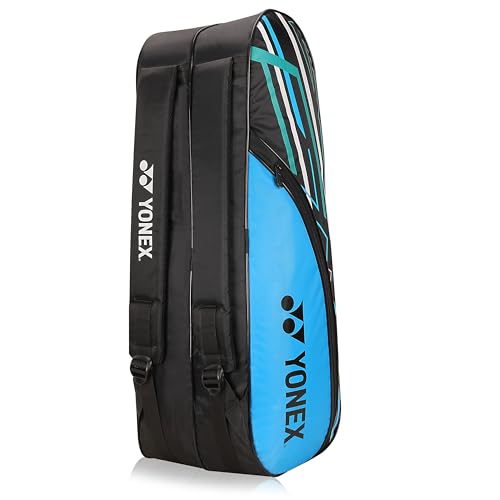 Yonex Stylish Badminton Kit-Bag |Double Zipper Compartment for Storage of 6 Rackets and Clothes|Side Pocket |Back Straps |Accessories Compartment |Made in India - color: BLACK SKY BLUE
