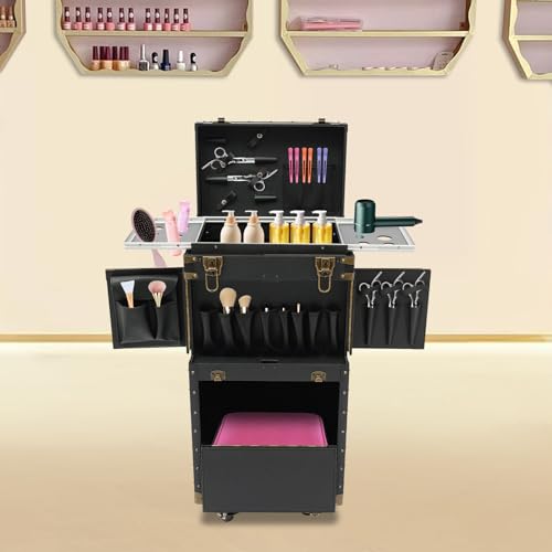 Cosmetic Train Case,Rolling Makeup Train Case,Travel Stylist Case Lockable Hairdressing Trolley,Professional Makeup Case for Make-up Artists - color: Black+Gold