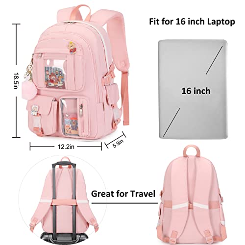 Backpack for Girls with Accessories Laptop Bookbags 16 Inch Kawaii Kids Elementary Middle High School Bag College Travel Daypack Gifts for Teens Women Students (Pink) - color: Pink