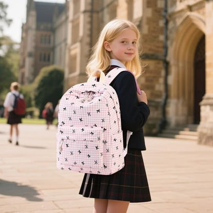 LEDAOU Backpack for Girls School Bag Kids Bookbag Teen Backpack Set Daypack with Lunch Bag and Pencil Case | Kids - color: B -Pink Checkered Bowtie -6