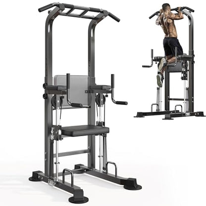 SogesHome Power Tower Pull Up Bar and Dip Station, Multi-Function Free Standing Pull Ups, Adjustable Height Dip Bar Strength Training Workout Equipment, Pull Up Stand Workout for Home Gym Exercise Equipment - color: Black