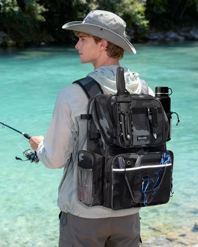 HXLGMD Fishing Backpack with Rod Holders,43L Large Water Resistant Tackle Bag Storage Gear and Equipment with Cooler for Men Fishing, Camping, Hiking, Khaki - color: Khaki Camo