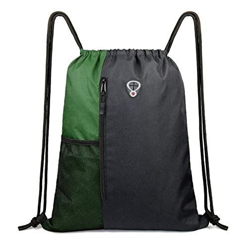 BeeGreen Green Drawstring Bag Sports Gym Backpack for Women Men Large Cinch Sackpack Day Pack with Zipper and Water Bottle Mesh Pockets (Black/Green) - color: Black/Green, style: Drawstring With Mesh Pocket
