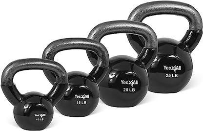 Yes4All Kettlebell, Vinyl Coated Kettlebell Cast Iron Sets with Stable Flat Bottom for Full Body Workout, Push up, Grip Strength Training & Weights Exercises - color: Black, style: 10 - 25lb