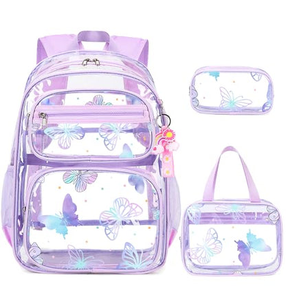 ACESAK Clear Backpack for Girls - 3 Pcs Clear Backpack Heavy Duty with Lunch Bag - See Through Bookbag Stadium Approved for Kids Middle High College School(Purple Butterfly) - color: Purple Butterfly