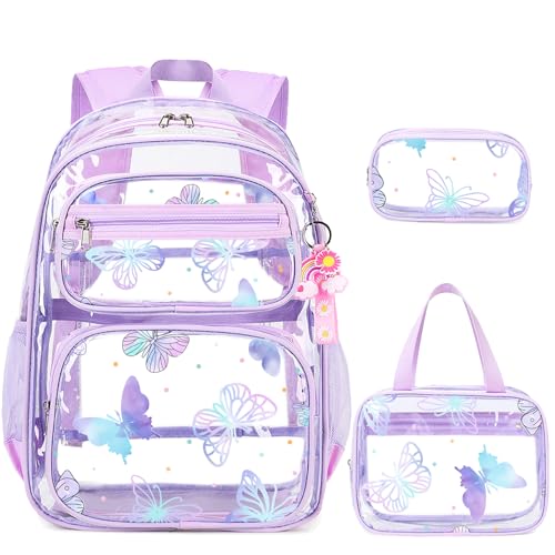 ACESAK Clear Backpack for Girls - 3 Pcs Clear Backpack Heavy Duty with Lunch Bag - See Through Bookbag Stadium Approved for Kids Middle High College School(Purple Butterfly) - color: Purple Butterfly