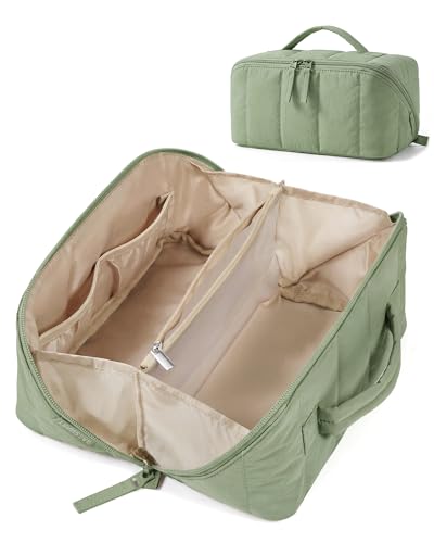 BAGSMART Travel Makeup Bag for Women, Portable Water-resistant Cosmetic Case, Puffy Padded Make Up Organizer Pouch, Open Flat Toiletry Bag for Toiletries, Brushes, Forest Green - color: 10-Sage Green