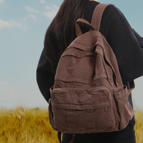 Coffee Brown Canvas Backpack for Women & Men Retro Aesthetic Rucksack Basic Backpack for High School/College Students Travel Laptop Bag - color: Espresso Brown