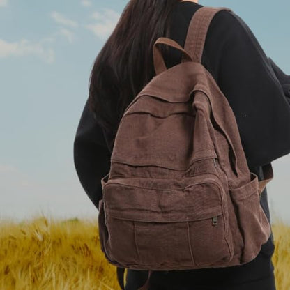 Coffee Brown Canvas Backpack for Women & Men Retro Aesthetic Rucksack Basic Backpack for High School/College Students Travel Laptop Bag - color: Espresso Brown