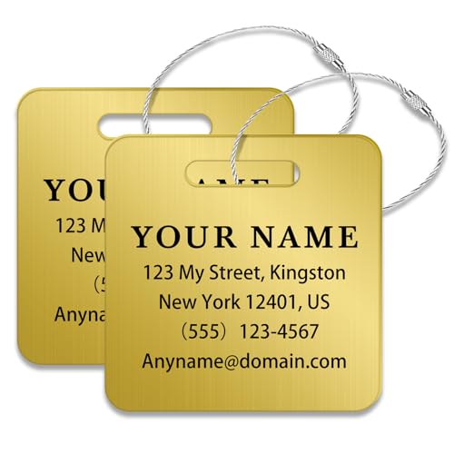 Personalized Metal Luggage Tags (2 Pack), Customizable Icon Text, Laser Engraved Waterproof Durable, for Bags, Backpack Travel, Suitcases (Gold) - color: Square Gold