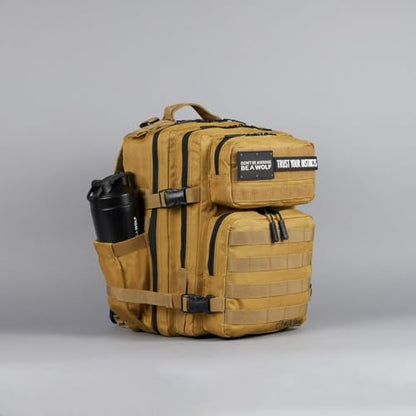 WOLFpak 25L Athletic Gym Backpack (Khaki) Durable 1000D Waterproof Oxford Material with MOLLE Webbing, Laptop Pocket & Dual Cup Holders - color: Khaki