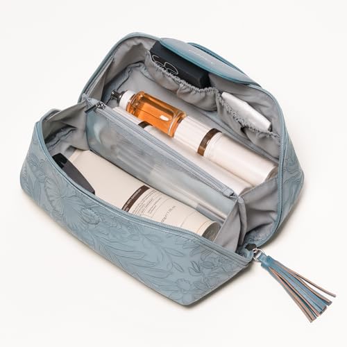 Cabbrix Travel Makeup Bag, Extra Large Capacity 3 Pcs Set Cosmetic Bag for Women, Waterproof PU Leather, Flat Open Portable Toiletry Bag for Skincare, Brushes & Travel Essentials (Blue) - color: Blue
