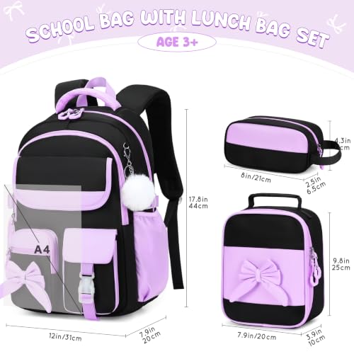Kids Backpack for Girls, 3PCS School Backpack Set with Insulated Lunch Box & Pencil Case, Waterproof Lightweight Bookbag for Elementary & Middle School, Cute Bow Travel Daypack Black-Purple - color: Black-purple