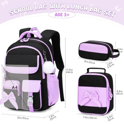 Kids Backpack for Girls, 3PCS School Backpack Set with Insulated Lunch Box & Pencil Case, Waterproof Lightweight Bookbag for Elementary & Middle School, Cute Bow Travel Daypack Black-Purple - color: Black-purple