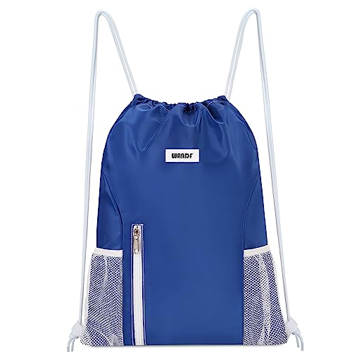 WANDF Drawstring Backpack Sports Gym Sackpack with Mesh Pockets Water Resistant String Bag for Women Men (Navy Blue) - color: Navy Blue