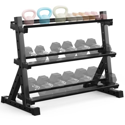 HANDBODE 3-Tier Dumbbell Rack Stand, 1000LB Capacity Storage Rack, Weight Rack for Dumbbells, Kettlebell, 390–700 lb Rubber Coated Fixed Weight Sets, Home Gym Strength Training Equipment - color: 3-Tier Dumbbell Rack