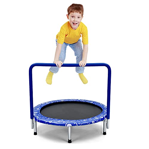 Giantex 36-Inch Mini Trampoline for Kids, ASTM Approved Foldable Rebounder Trampoline with Foamed Handle, Max Loaded 330 lbs, Indoor Safety Padded Fitness Trampoline - color: Blue